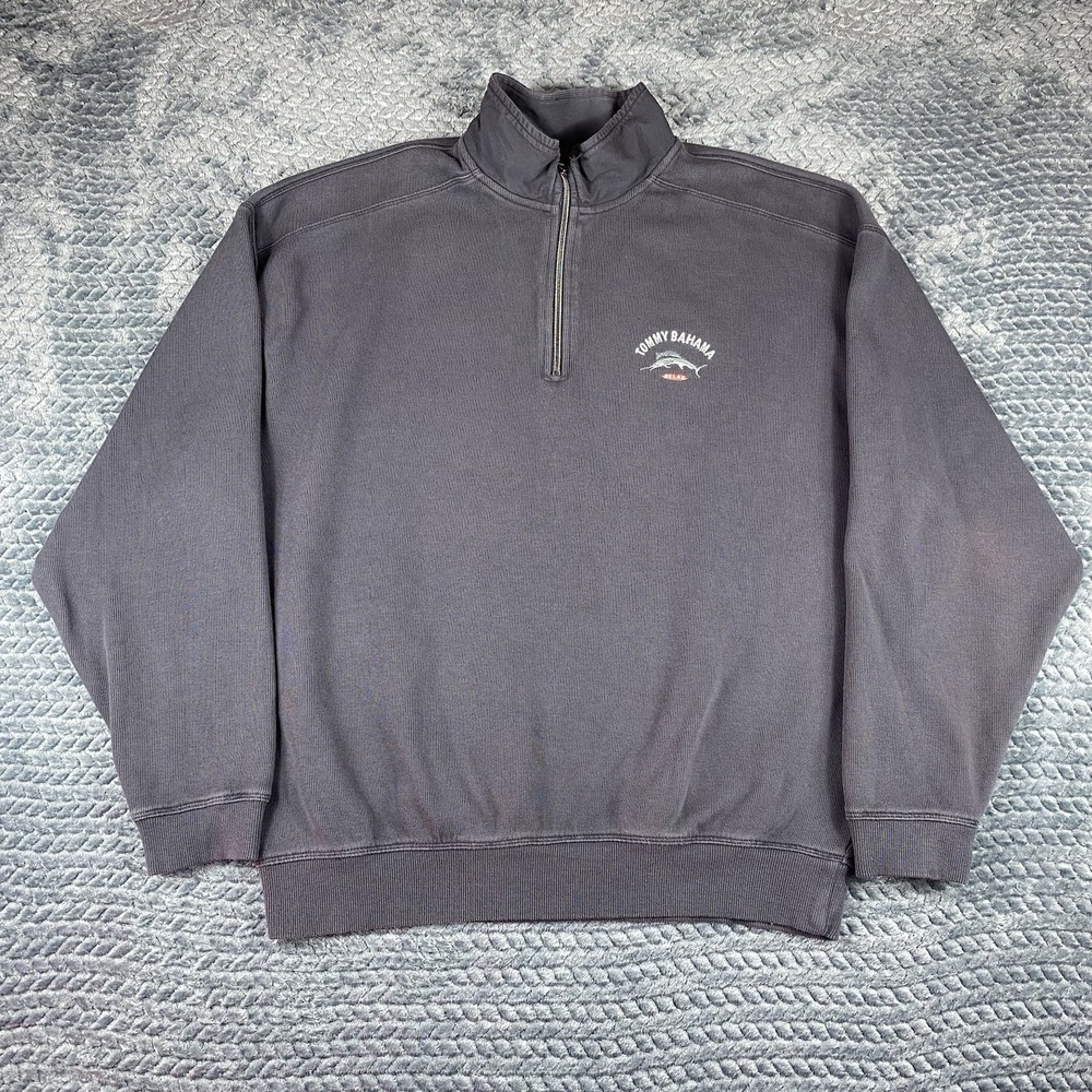 Tommy Bahama 1/4 Zip Sweater Pullover Mens Large Gray Marlin Logo Laguna Beach